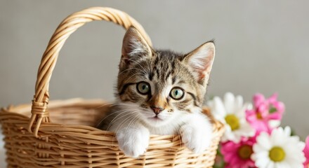 Adorable Kitten in Wicker Basket with Flowers