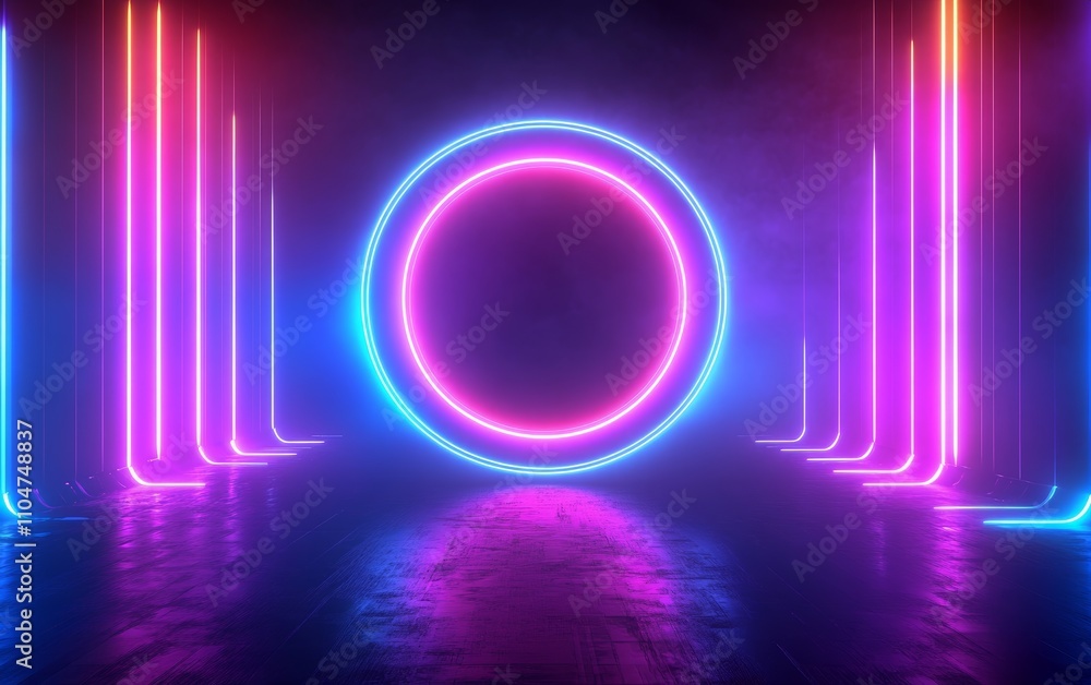 Poster neon glowing circular frame in virtual cyberpunk space with abstract geometric background