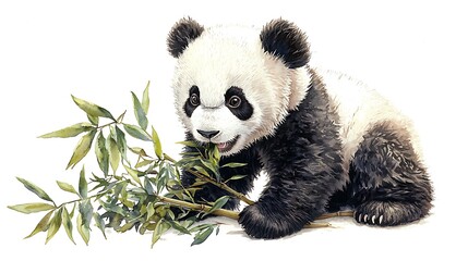 Fototapeta premium Adorable Baby Panda Eating Bamboo Shoots Watercolor Painting