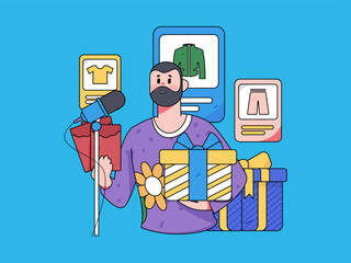 Internet celebrity live broadcast with goods vector internet hand drawn illustration
