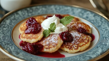 A plate of fluffy pancakes topped with berry sauce, whipped cream, and mint leaves.