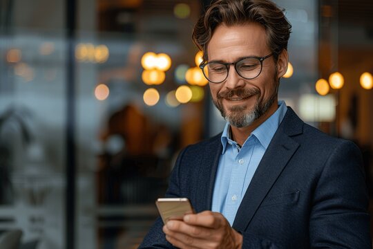 Happy businessman in blue shirt and navy jacket using smartphone at office building - Powered by Adobe