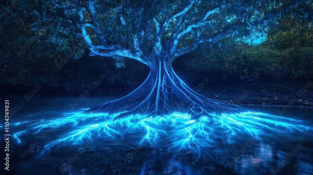 Poster a luminous tree with glowing roots in a serene water setting.
