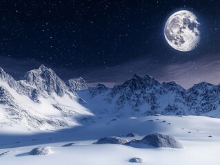 Snow-covered mountain peaks illuminated by moonlight, with a clear night sky full of stars