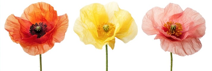 Three vibrant poppies in orange, yellow, and pink, isolated on white.