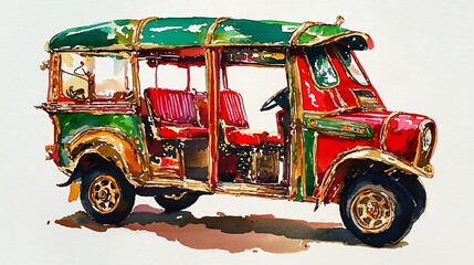 Obraz premium Vibrant Asian Tuk Tuk Watercolor Painting Travel Transport Culture