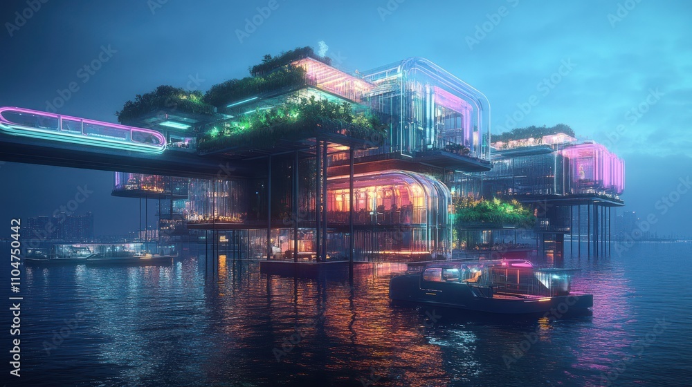 Poster futuristic floating architecture with vibrant lights and greenery on water.