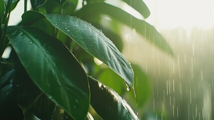 Close-Up of Raindrops on Green Leaves with Soft Light Background