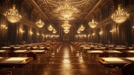 Obraz premium A grand hall adorned with chandeliers and tables, likely for meetings or formal events.