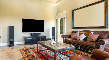 Cozy living room with modern design and entertainment setup in a bright space