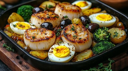 Gourmet Seafood Dish with Seared Scallops Roasted Potatoes Broccoli Eggs Olives Fresh Herbs