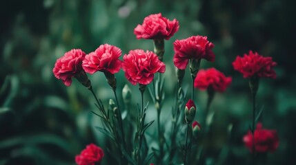 Vibrant Red Carnations in a Lush Green Background Garden Scene