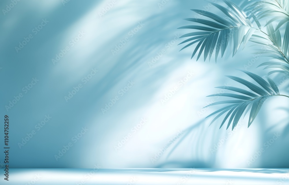 Poster minimal abstract background with soft palm leaf shadows on light blue wall for spring and summer