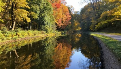 Morning Reflections of Autumn Trees Along the Ohio Erie Canal Towpath in Clinton. Generative AI
