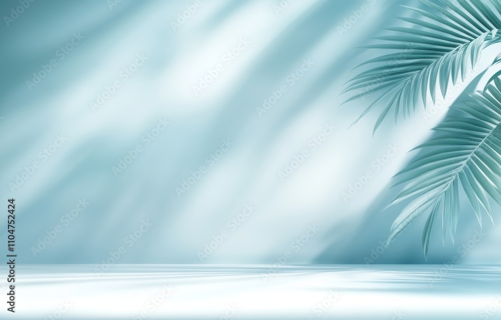 Poster minimal abstract background with blurred palm leaf shadows on light blue surface