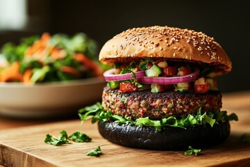 Gourmet Vegan Burger with Black Bun and Fresh Ingredients on Wooden Table