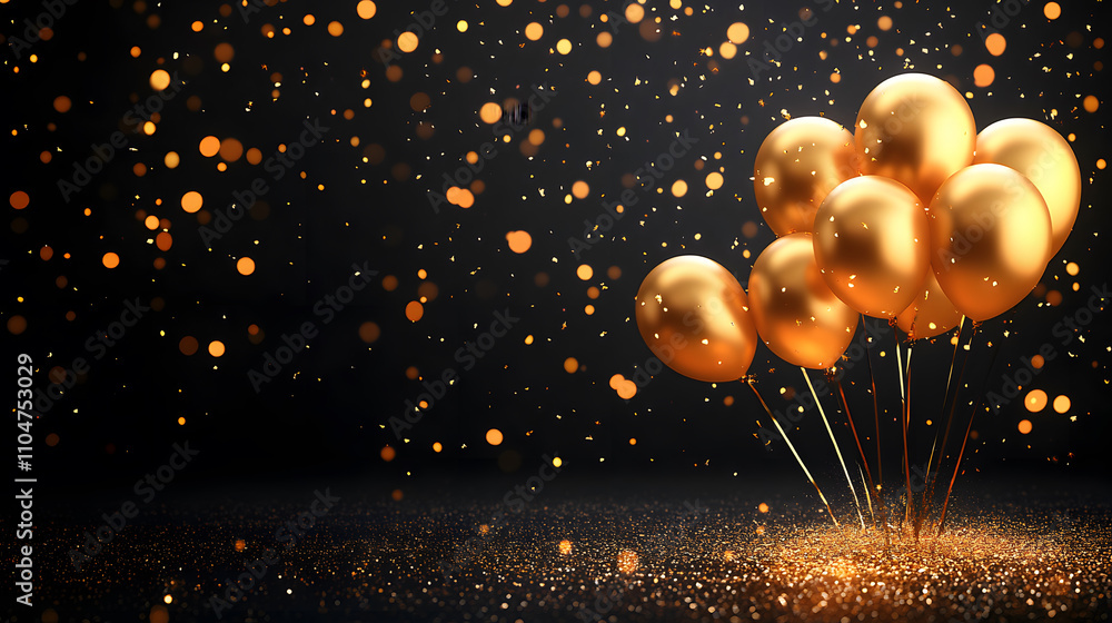 Poster a festive arrangement of golden balloons surrounded by shimmering particles against a dark backgroun