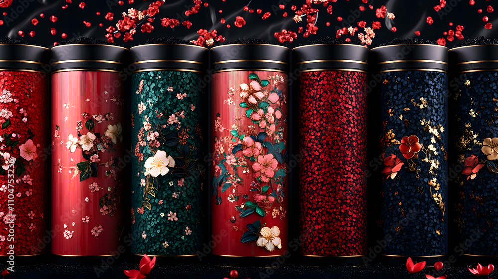 Poster a vibrant display of decorative canisters featuring floral patterns against a dark background, creat