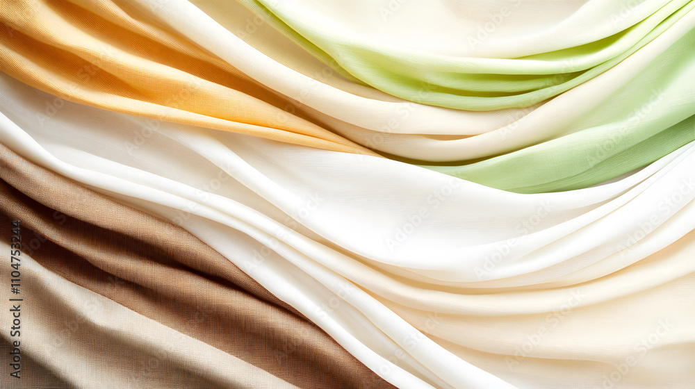 Fototapete A vibrant display of flowing fabric in soft hues, showcasing textures and colors from cream to green, creating a visually appealing and harmonious composition