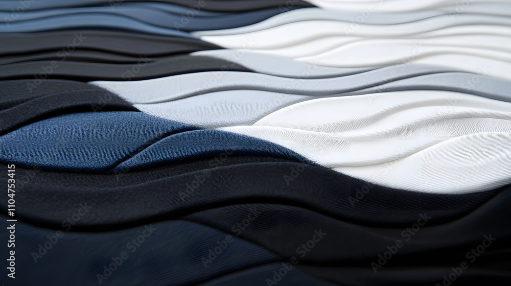 Poster a close-up view of textured fabric layers in varying shades of blue, black, and white, creating a fl