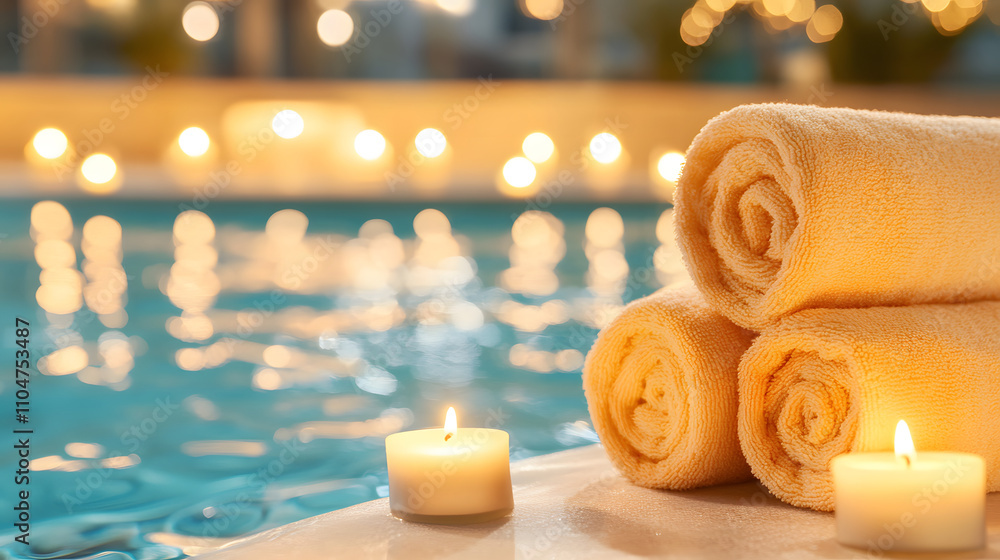 Poster a serene scene featuring rolled towels and candles beside a pool, creating a soothing ambiance perfe