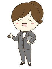 案内するパンツスーツの女性のゆるかわイラスト