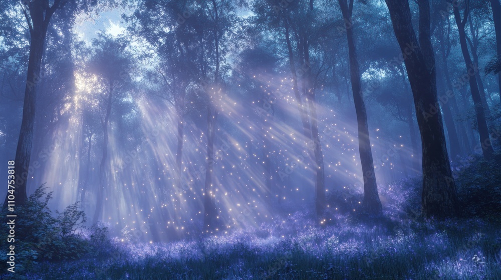 Poster enchanted forest illuminated by soft rays of light and shimmering particles.