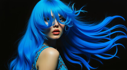 Naklejka premium duplicate of a woman with bright blue hair in dramatic and surreal surroundings