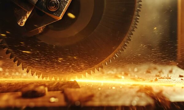 Close-up of a circular saw cutting through wood, sawdust flying.