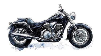 Powerful Cruiser Motorcycle Chrome Engine Watercolor Style Illustration