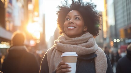 Joyful woman enjoying coffee in bustling city, concept of urban optimism