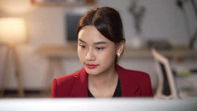 Businesswoman wearing a red blazer works at her desk, showcasing various facial expressions while engaging with her computer