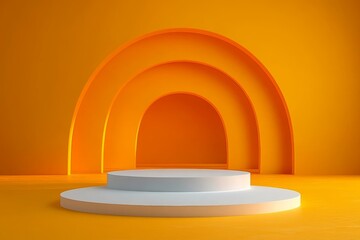 Minimalist Modern Stage Setup with Round White Platform on Bright Orange Background