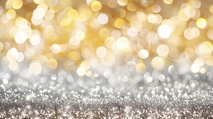 Christmas background with silver and gold bands of twinkling bokeh lights and glitter, with copy space