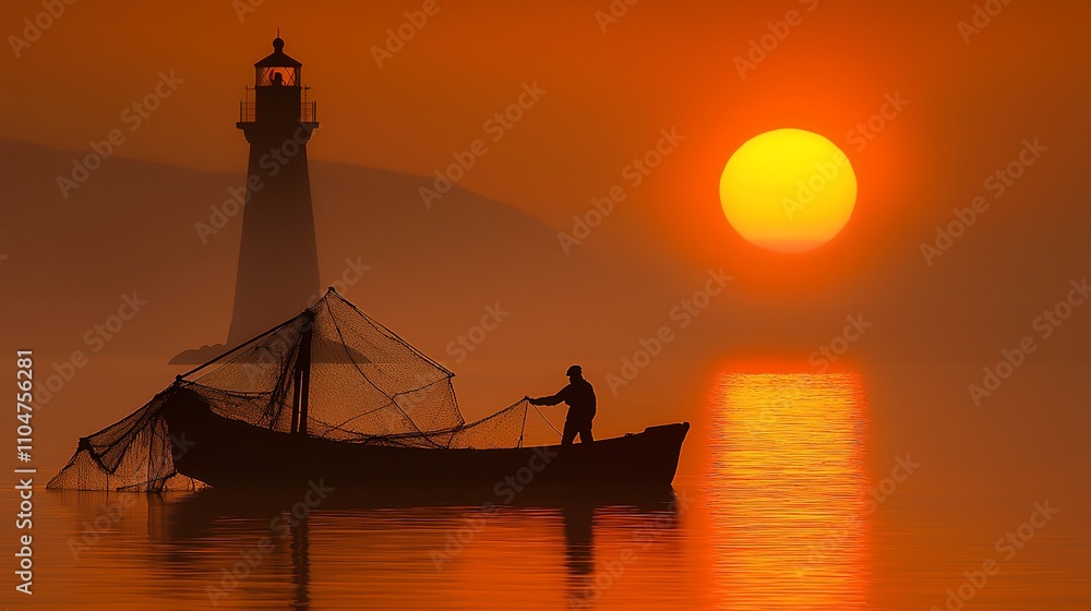 Poster Fisherman silhouetted at sunrise, pulling nets near a lighthouse in a misty sea.