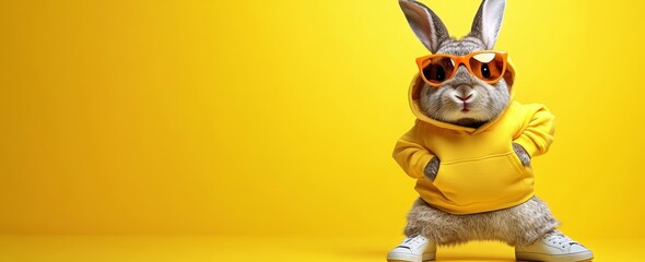 Cute fluffy bunny in bright yellow hoodie on yellow background with vibrant colors and copy space for Easter