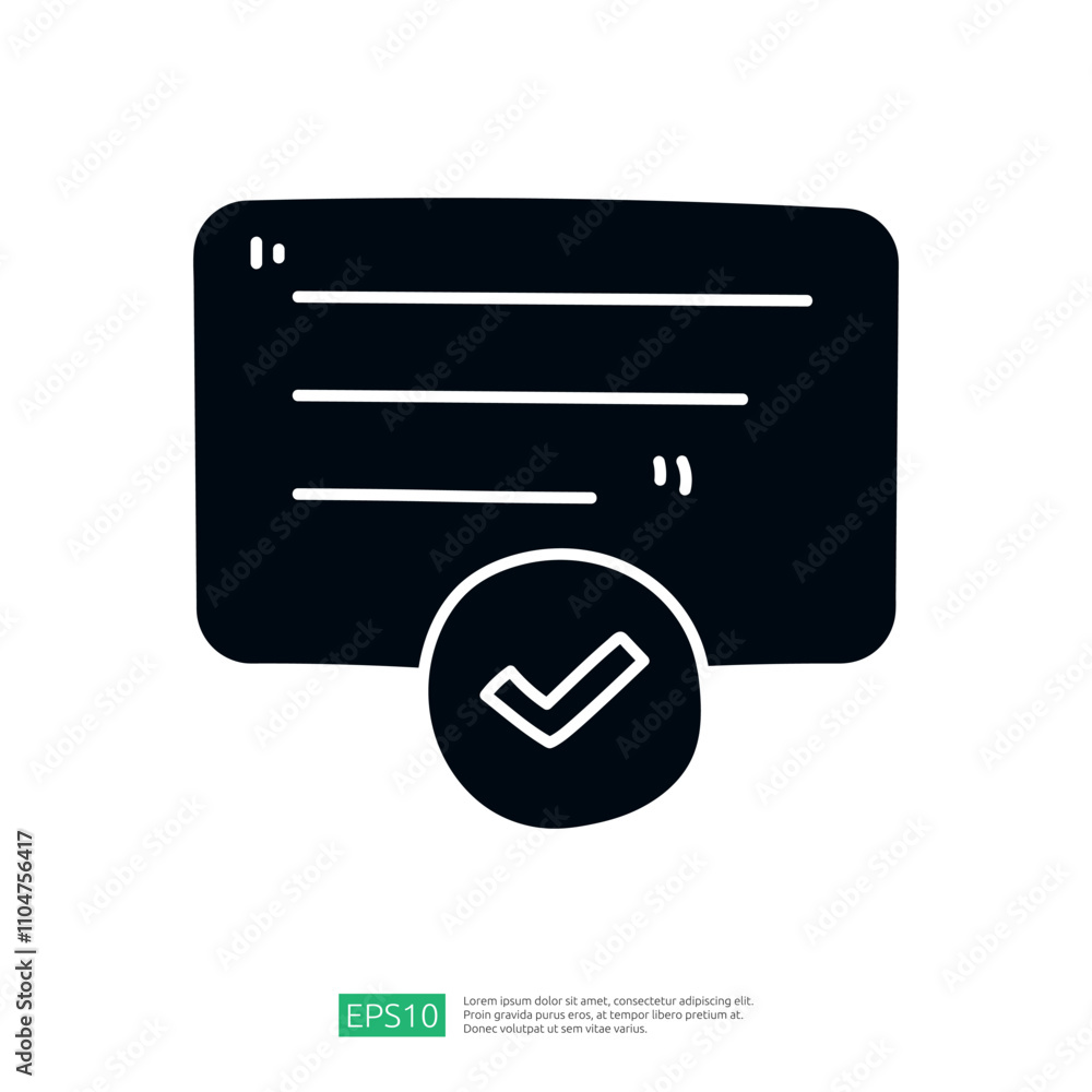 Poster a graphic representation featuring a rectangular shape with lines and a checkmark symbol below, indi