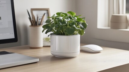 Green Indoor Plant in Modern White Pot on Minimalist Desk Setup