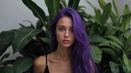 Naklejka premium closeup of woman with flowing purple hair in plants