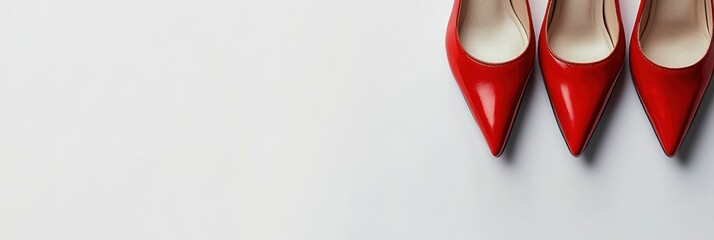 Fototapeta premium Three red high-heeled shoes on white background.