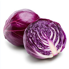 Obraz premium Fresh purple cabbage, vibrant and sliced in half, showcasing its intricate layers and rich color. Perfect for salads, garnishes, or healthy dishes