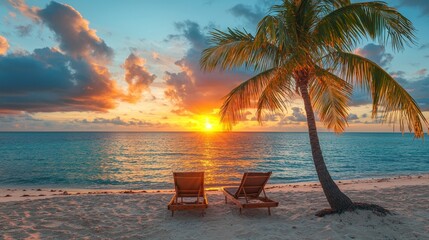 Tropical sunset with two sun beds and a palm tree on the sandy beach - AI