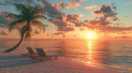 Tropical sunset with two sun beds and a palm tree on the sandy beach - AI