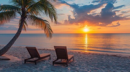 Tropical sunset with two sun beds and a palm tree on the sandy beach - AI