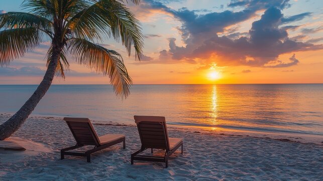 Tropical sunset with two sun beds and a palm tree on the sandy beach - AI