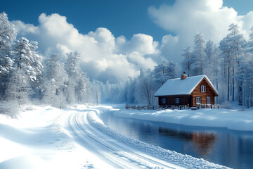 A small cabin is surrounded by trees and a frozen river. The cabin is made of wood and has a chimney. The scene is peaceful and serene, with the snow-covered landscape creating a sense of calm
