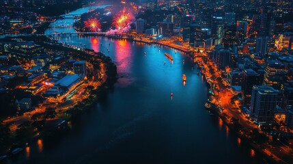 A vibrant cityscape at night with fireworks reflecting on the river.