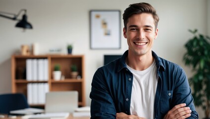 Smiling cheerful young adult caucasian american man in casual attire looking at camera standing at home office background. Happy confident white guy headshot face front close up portrait