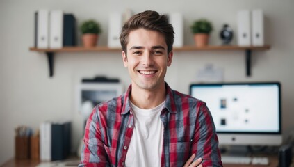 Obraz premium Smiling cheerful young adult caucasian american man in casual attire looking at camera standing at home office background. Happy confident white guy headshot face front close up portrait