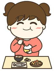 もぐもぐ美味しそうに食事をする女の子のゆるかわイラスト
